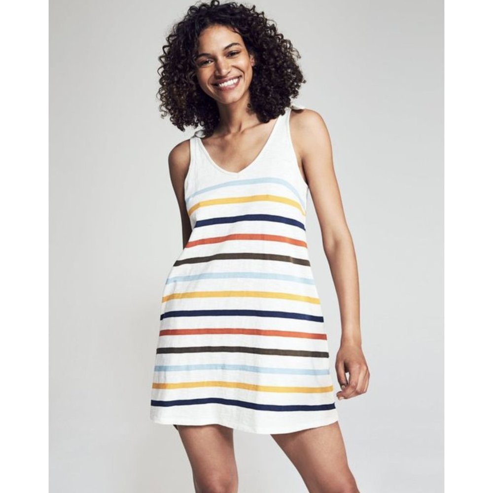 FAHERTY White Knit Florence Dress Multi Toto Stripe w Pockets NEW